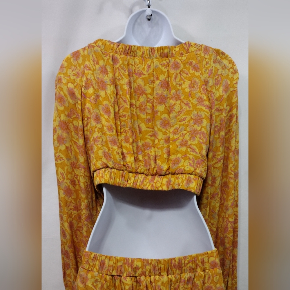 Free People Jael Mini Dress Women's M Yellow Floral Artsy Cottagecore Peasant - Picture 10 of 13